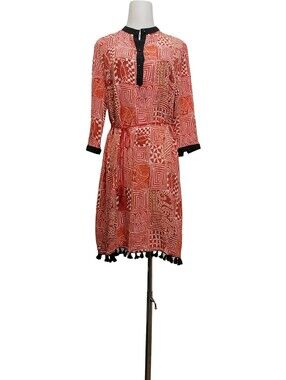 ☂️☂️100% Silk,Red Geometric Print Tassel Hem Dress